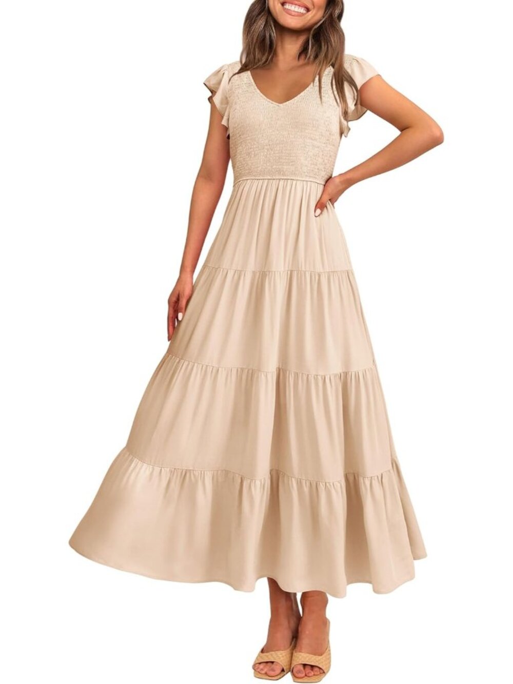 Women's Beige Summer Flowy Maxi Dress Casual Cap Sleeve V Neck Smocked Beach